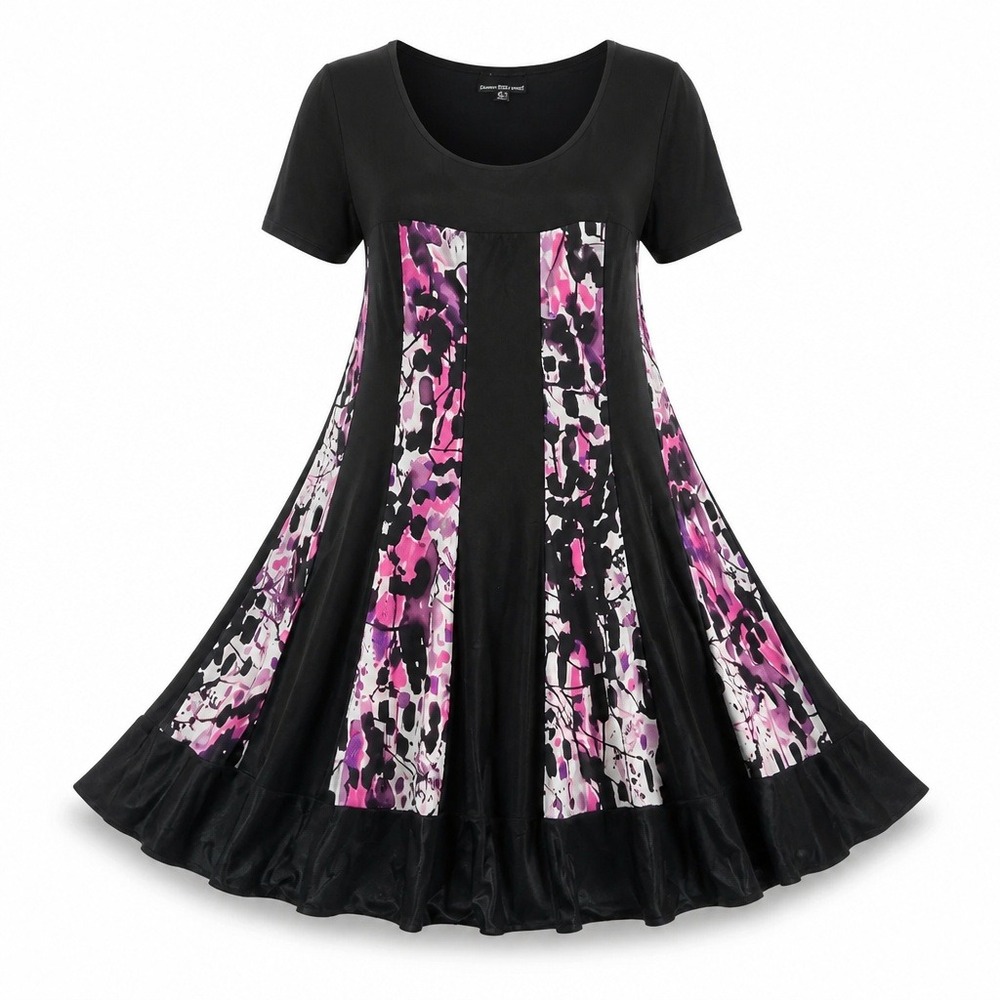 R&M Richards Woman Black Pink Purple Splatter Print Ruffle Hem Dress 24W